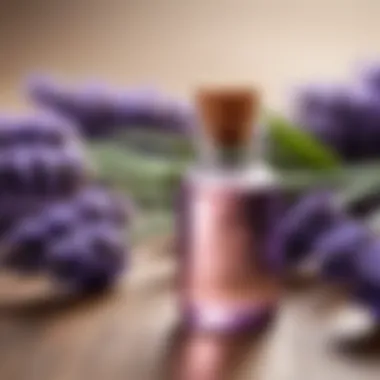 Close-up of lavender essential oil in a glass bottle