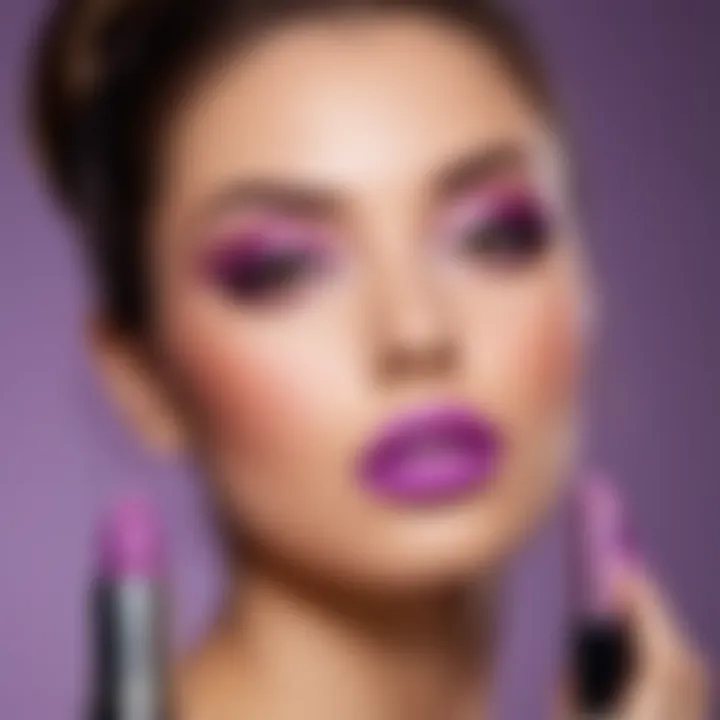 An elegant array of makeup products featuring light purple lipstick.