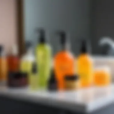 An array of hair care products on a vanity