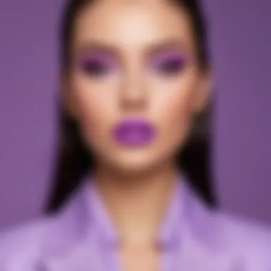 An artistic display of a model wearing light purple lipstick with a sophisticated outfit.