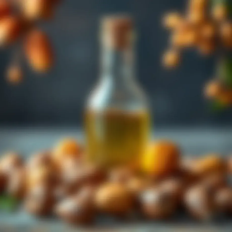Natural argan oil in a glass bottle surrounded by argan nuts