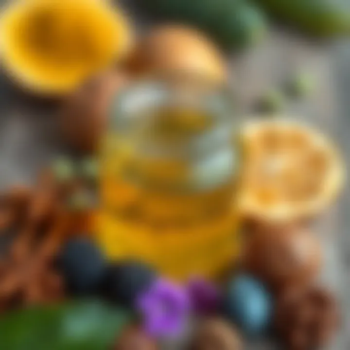 Natural ingredients surrounding a jar of Argan oil