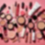 Illustration showing a variety of non-comedogenic makeup products in an aesthetically pleasing arrangement.