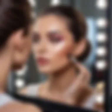 A woman exploring different makeup styles in front of a mirror.