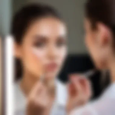 A young woman applying subtle school makeup in front of a mirror