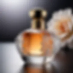 A close-up of a delicate glass perfume bottle with intricate design