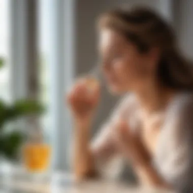 A woman enjoying the fragrance of a perfume bottle in a sunlit room