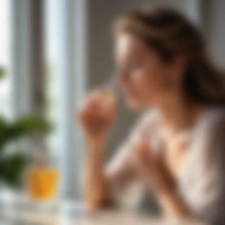 A woman enjoying the fragrance of a perfume bottle in a sunlit room