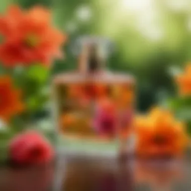 Seasonal flowers arranged around a perfume bottle