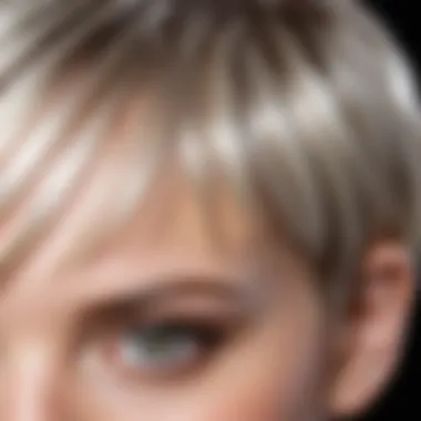 Close-up of platinum highlights on short hair with a sleek finish