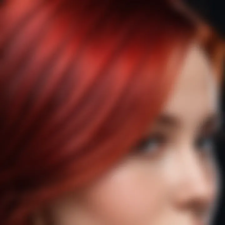 A close-up of hair dyed with a rich red hue, emphasizing the shine and depth of color.