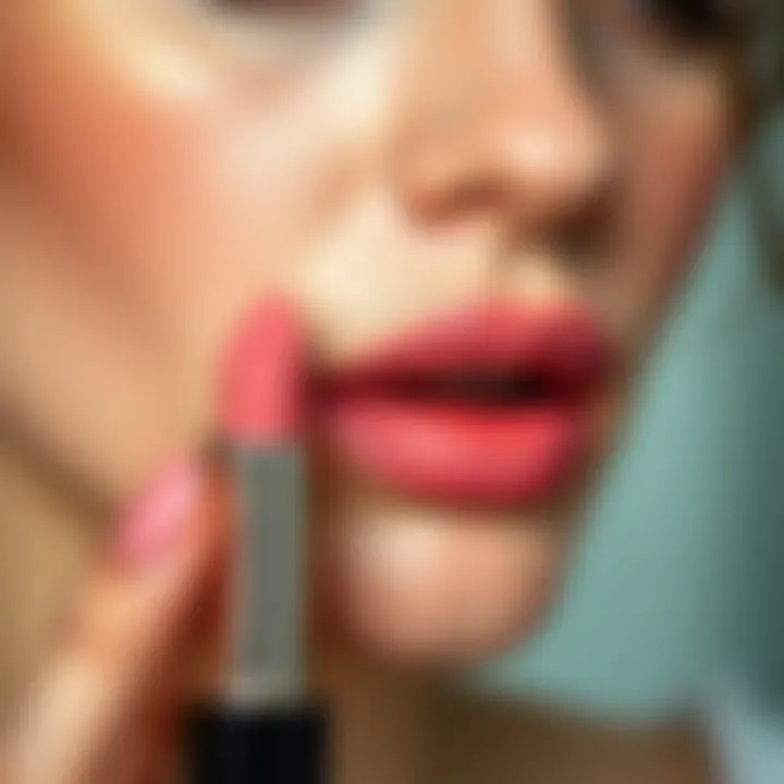 Close-up of a model applying powder pink lipstick