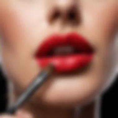 A close-up of a lip brush in use, showcasing precision and technique.