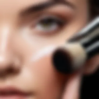 A makeup brush applying setting powder on skin