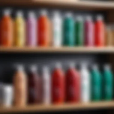 Bottles of various hair loss shampoos on a shelf