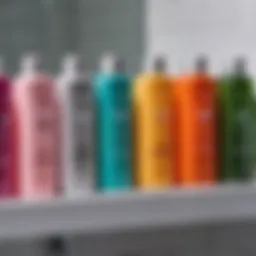 A close-up of various shampoo bottles on a bathroom shelf, showcasing different ingredients.