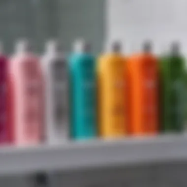 A close-up of various shampoo bottles on a bathroom shelf, showcasing different ingredients.