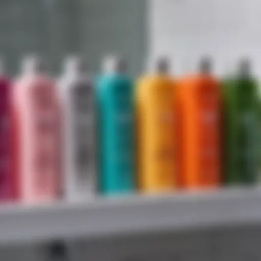 A close-up of various shampoo bottles on a bathroom shelf, showcasing different ingredients.