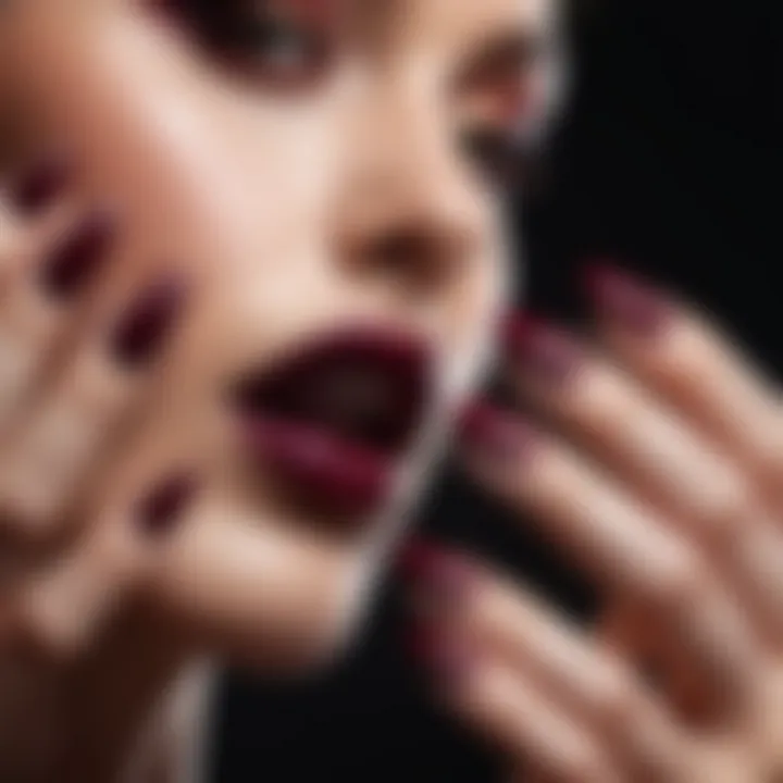 An artistic representation of a hand showcasing burgundy nails against a luxurious backdrop.