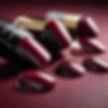 Close-up of a variety of burgundy nail polishes showcasing different textures.