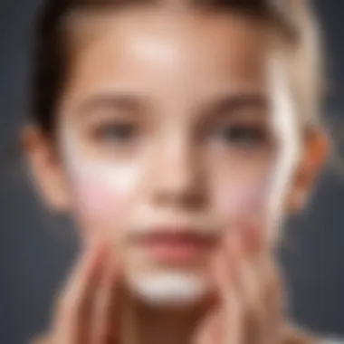 A young child applying moisturizer with care on their face