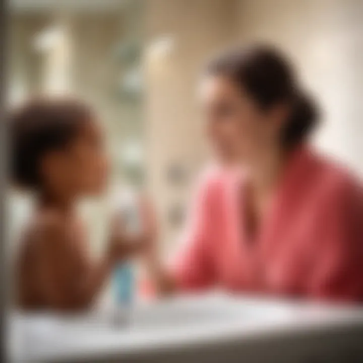 A parent teaching a child about daily skin care routine in a bathroom setting