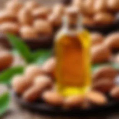 A bottle of sweet almond oil surrounded by fresh almonds