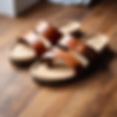 A pair of clean sandals on a wooden surface