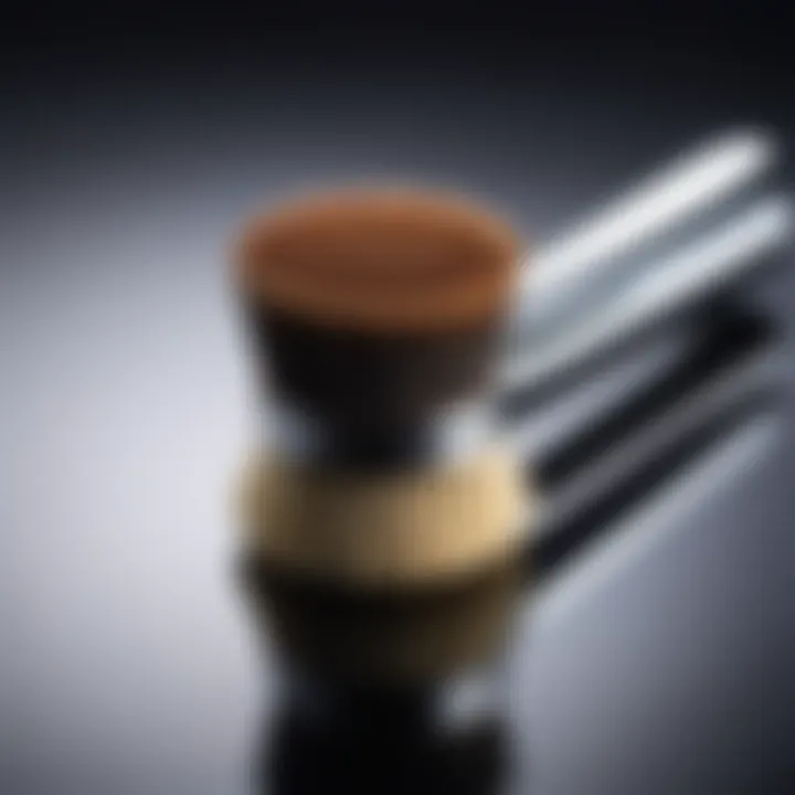 A delicate makeup brush set lying on a mirrored surface