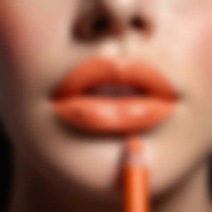 Close-up of a peach lip liner pencil with a soft focus background.