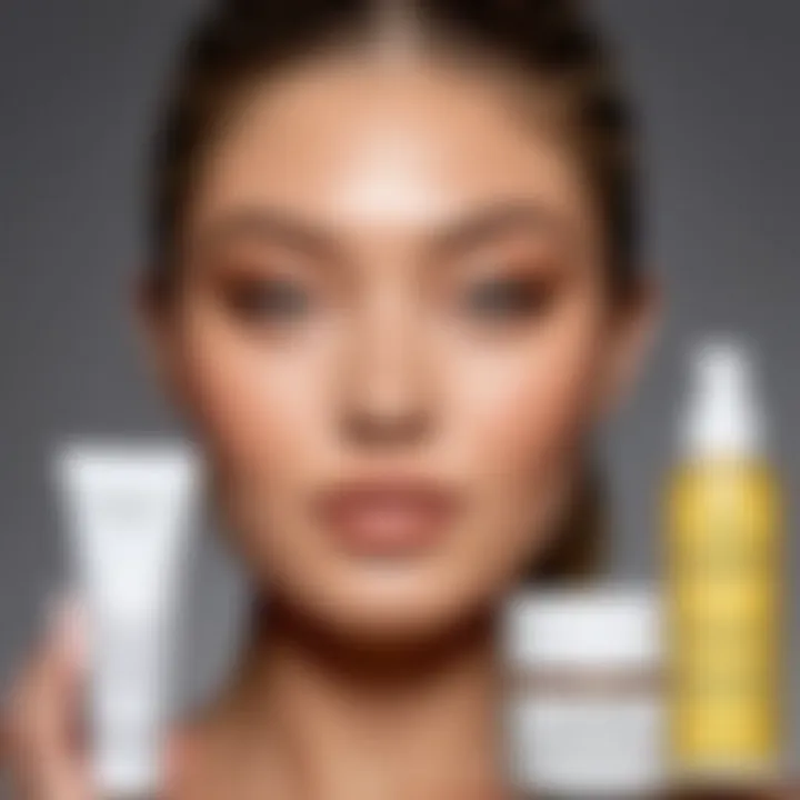 Gigi Hadid with a variety of skincare products