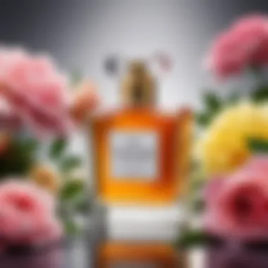 An arrangement of iconic perfume brands displayed with floral elements.