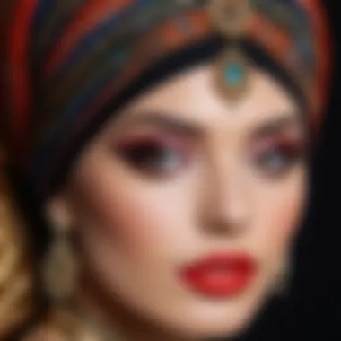 A close-up of artistic makeup with intricate patterns on a turban.