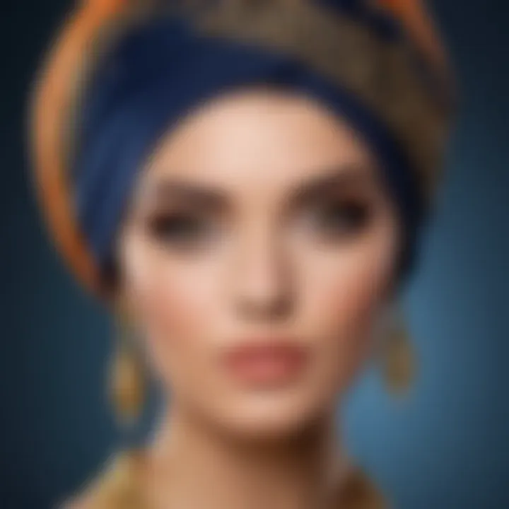 Elegant turban fashion complemented by soft, natural makeup.