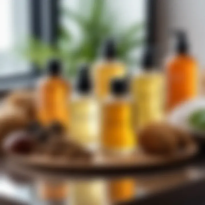 An assortment of natural oils and hair care products arranged aesthetically on a vanity.