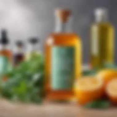 Natural Ingredients for Hair Health A bottle of hair vinegar tonic surrounded by natural ingredients