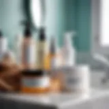 Close-up of non-comedogenic skincare products on a bathroom counter