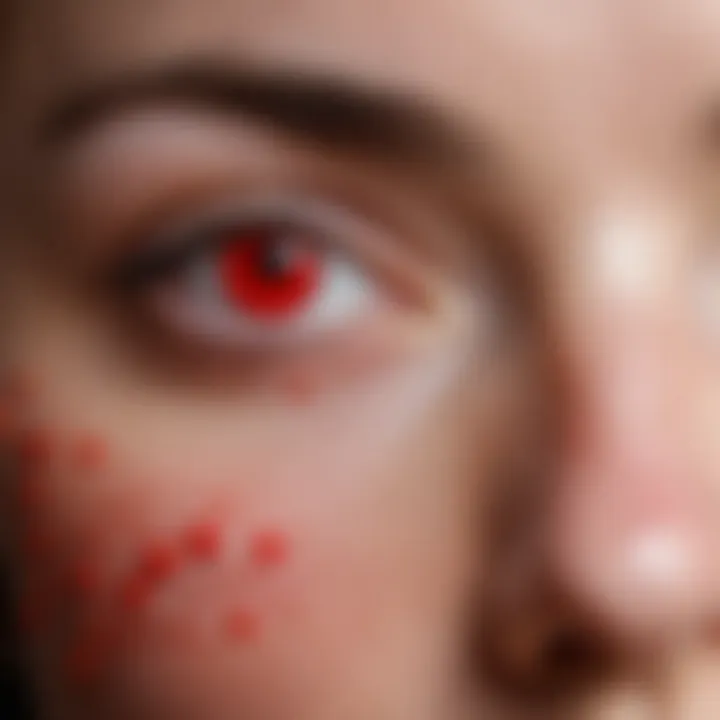 Close-up of red dots on skin around the eyes