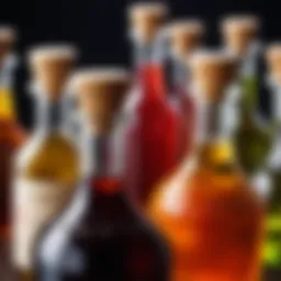 A close-up view of various types of vinegar bottles showcasing sac sirkesi.