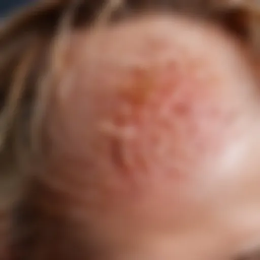 Close-up of a dry, flaky scalp showing irritation and redness.