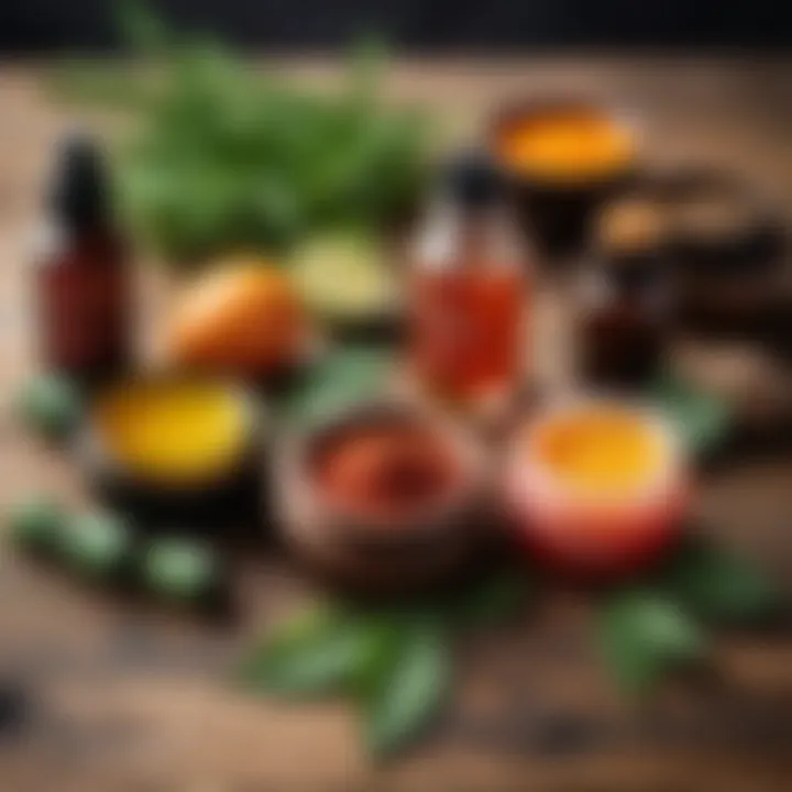 An array of natural hair care products on a wooden surface.