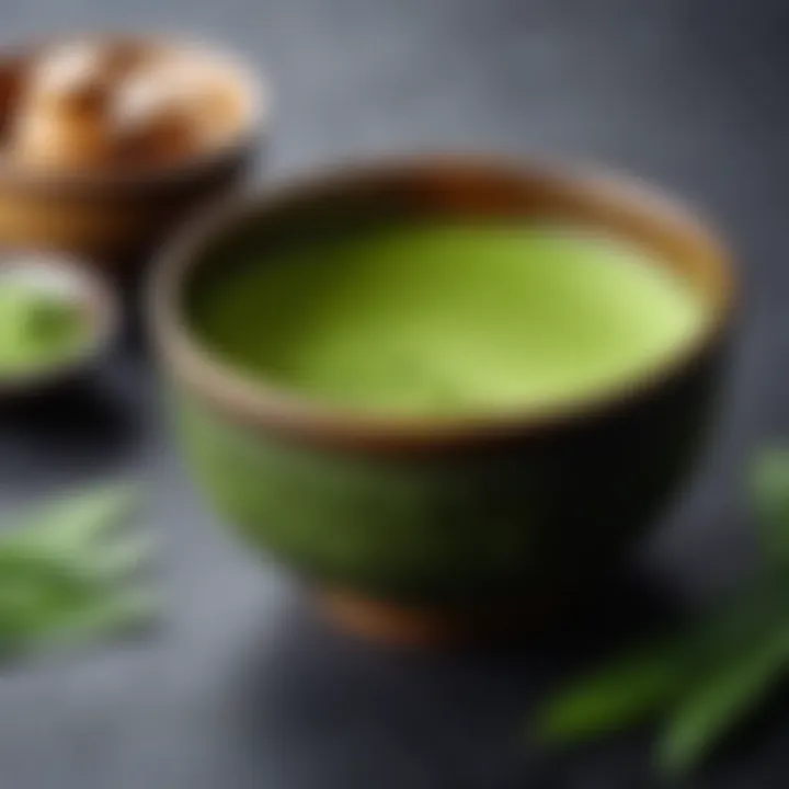 Ceremonial matcha tea bowl filled with vibrant green matcha powder