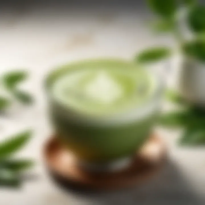 Aesthetic display of matcha tea latte with frothed milk and green tea leaves