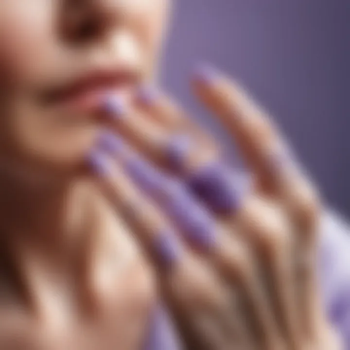 Close-up of wrinkles on a hand with lavender oil in background