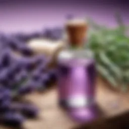 Lavender oil bottle with fresh lavender sprigs