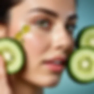 A soothing image of cucumber slices and olive oil, highlighting the role in combating acne and inflammation.