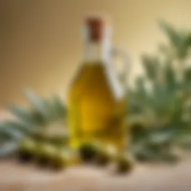 An artistic representation of olive oil with green olives and leaves, symbolizing natural ingredients.